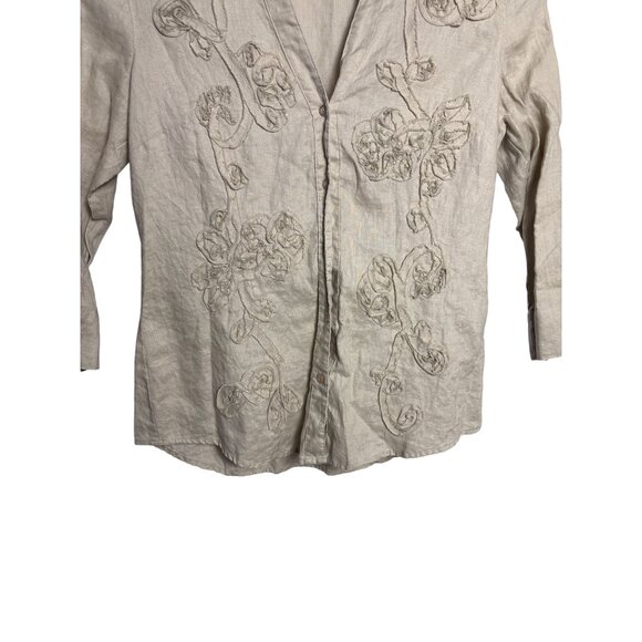 Charter Club Button Front Top 8 Linen Beige Floral Beachy Lagenlook Neutral - Picture 3 of 7
